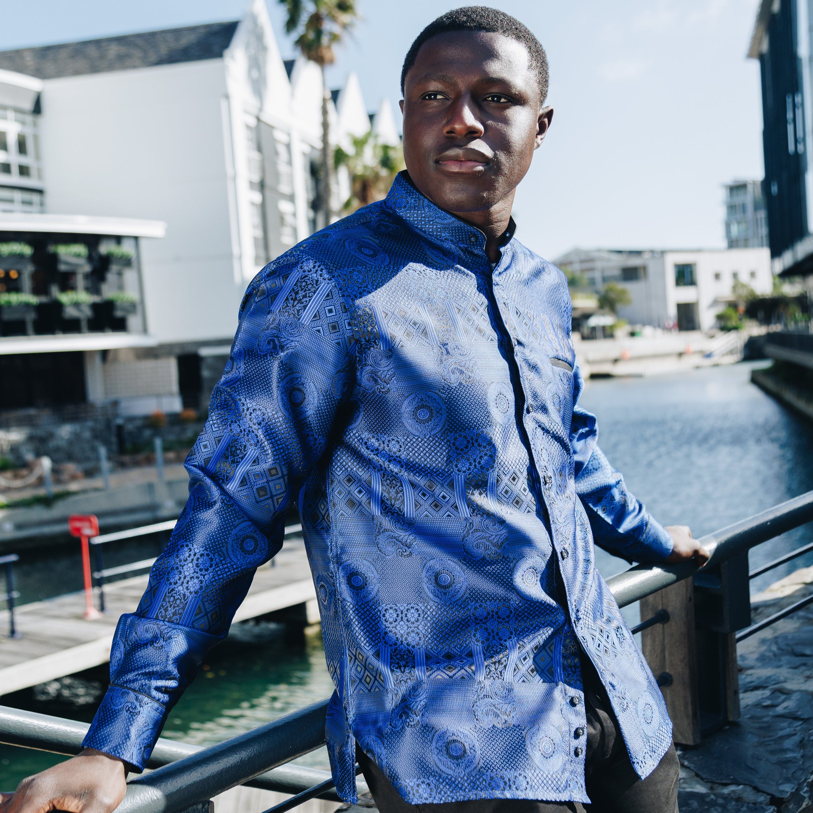 African Chess - Royal Blue Men's Jacquard Woven Luxury Formal Shirt