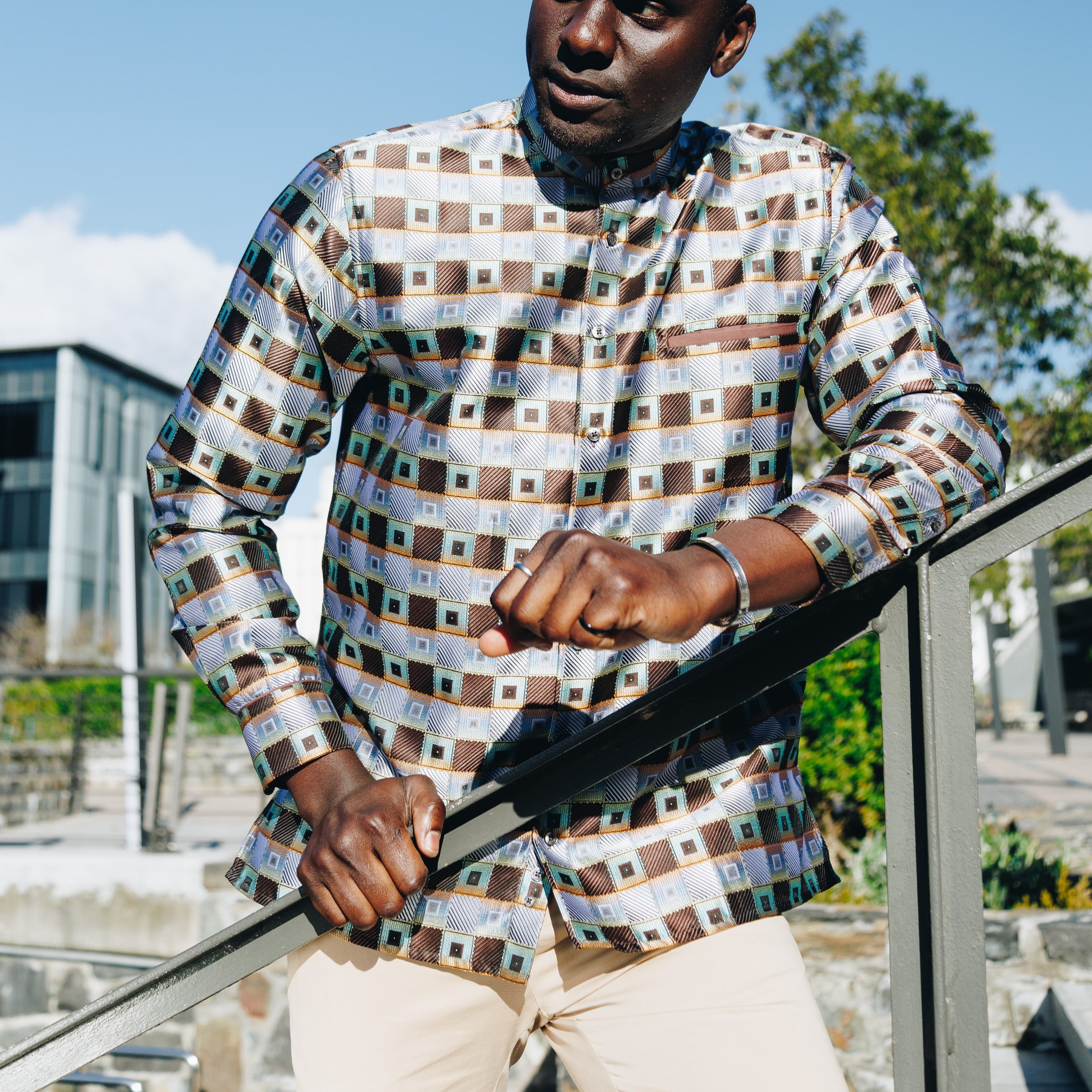 Chess Board - Brown Men's Jacquard Satin Luxury Formal Shirt
