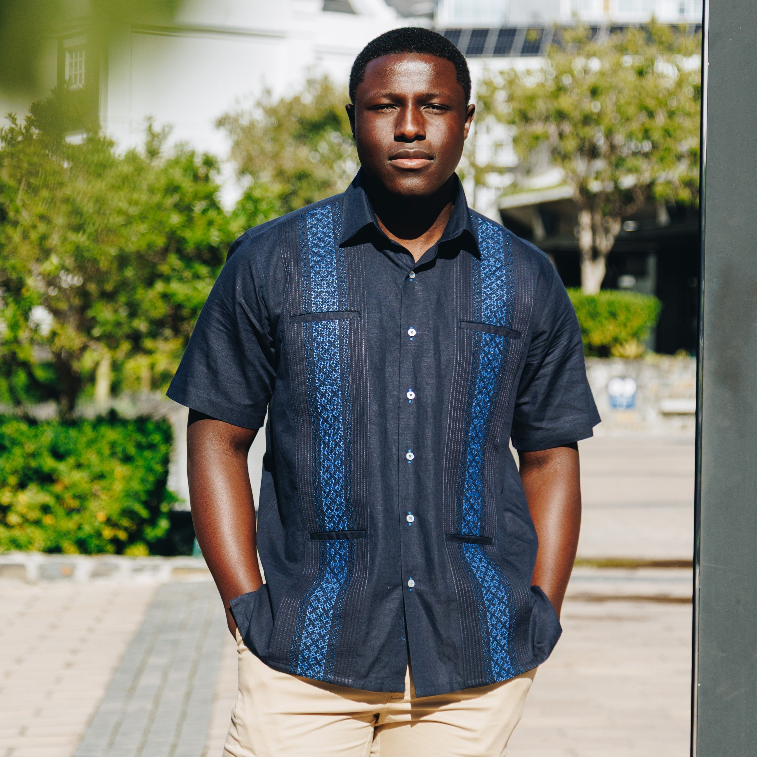 Crossed Paths – Navy Olive Short Sleeve Linen Cotton Embroidered Men's Shirt