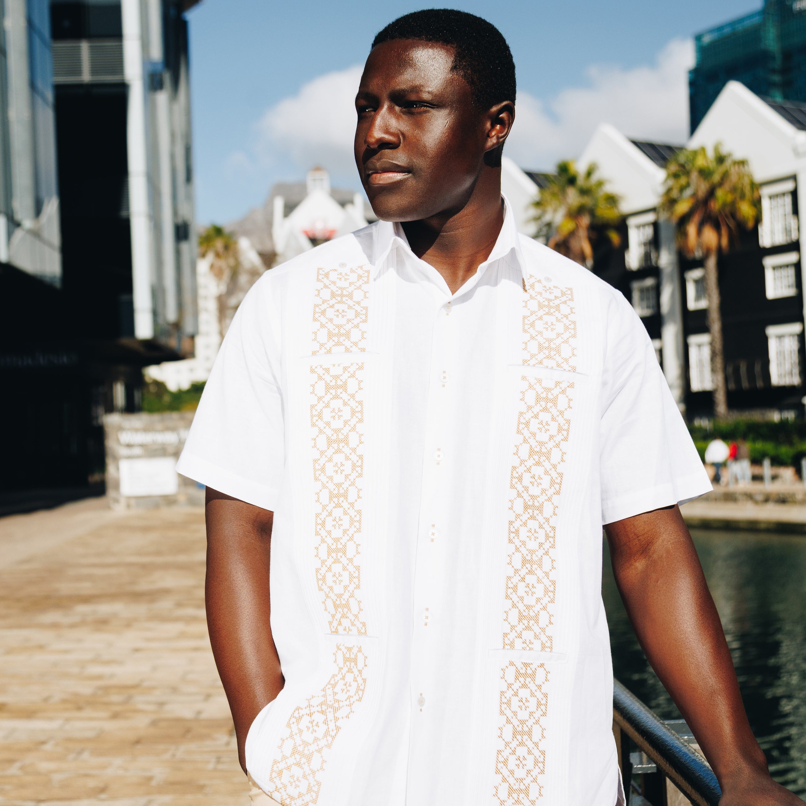 White Flower – White Short Sleeve Linen Cotton Embroidered Men's Shirt