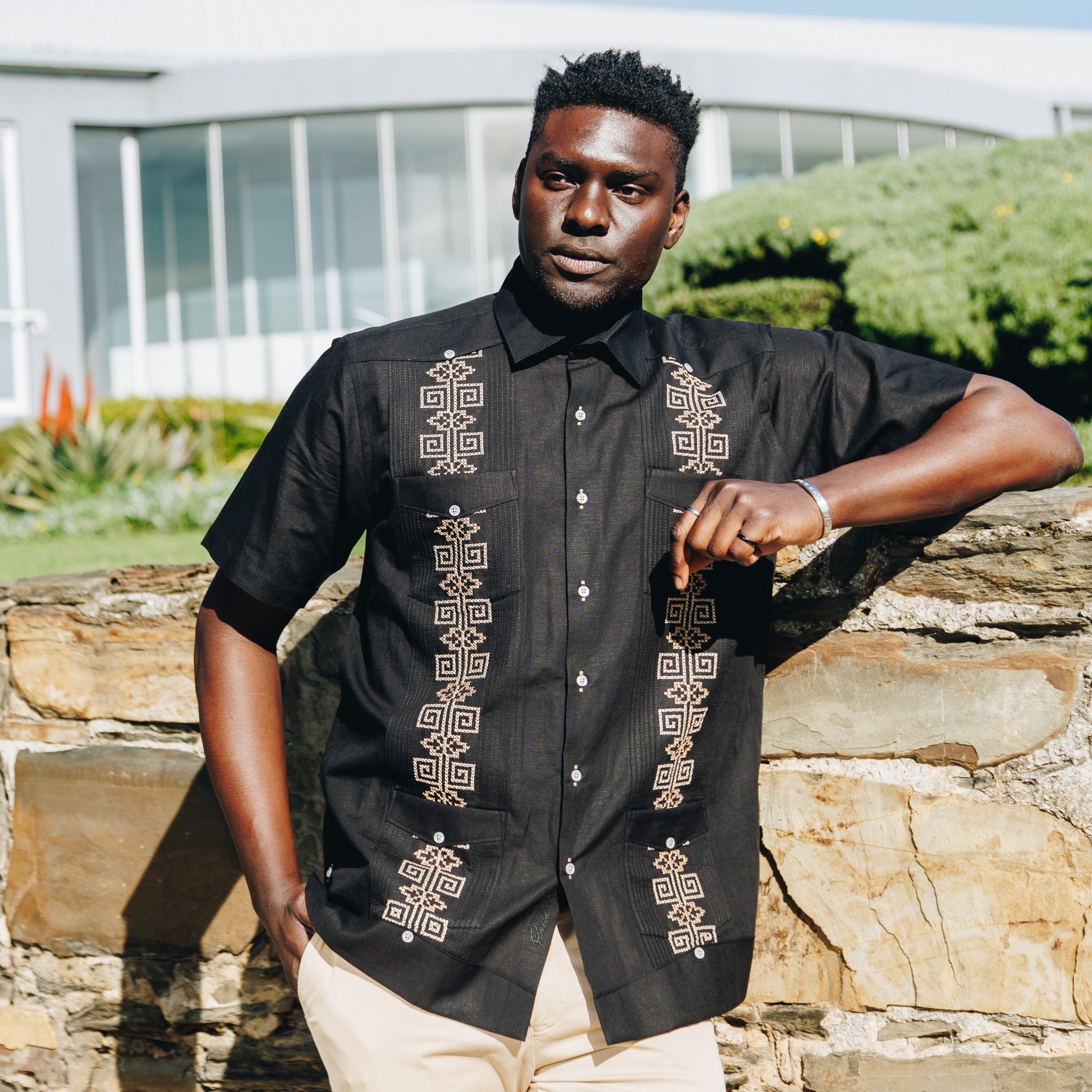 The Liberator – Black Short Sleeve Linen Cotton Embroidered Men's Shirt