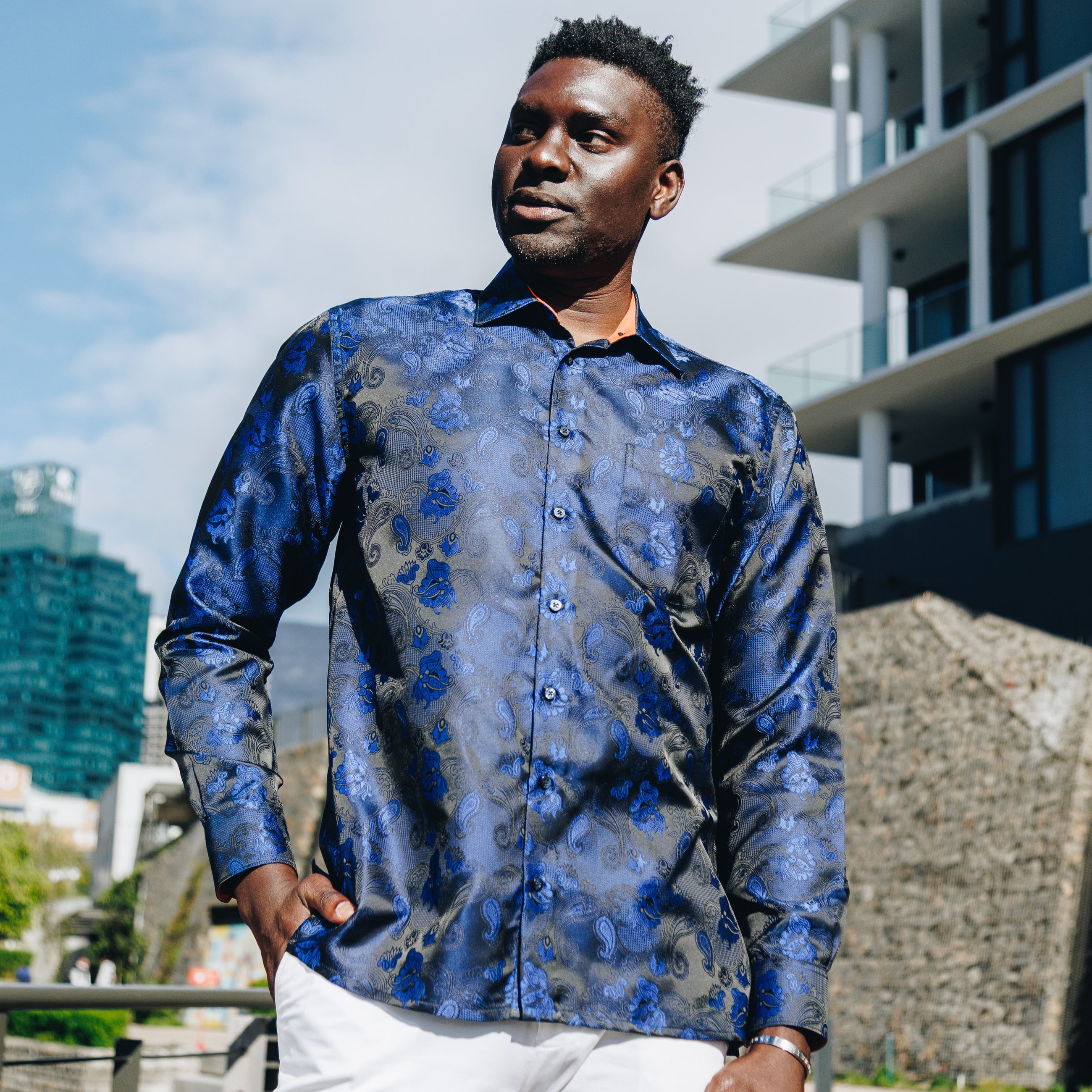 Lillian Wave - Royal Blue Men's Jacquard Satin Luxury Formal Shirt