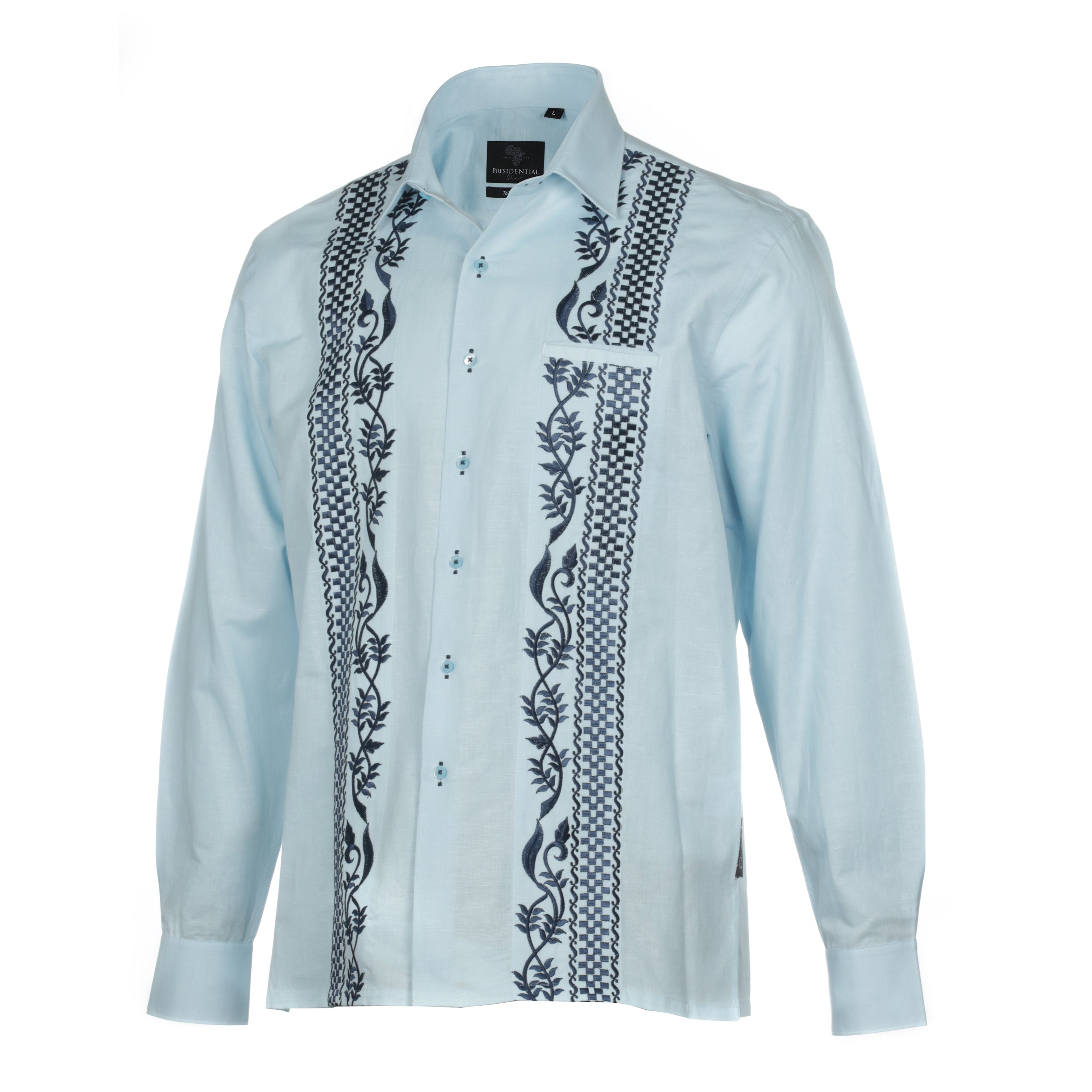 Ivy Check - Light Blue Long Sleeve Linen Cotton Embroidered Men's Shirt