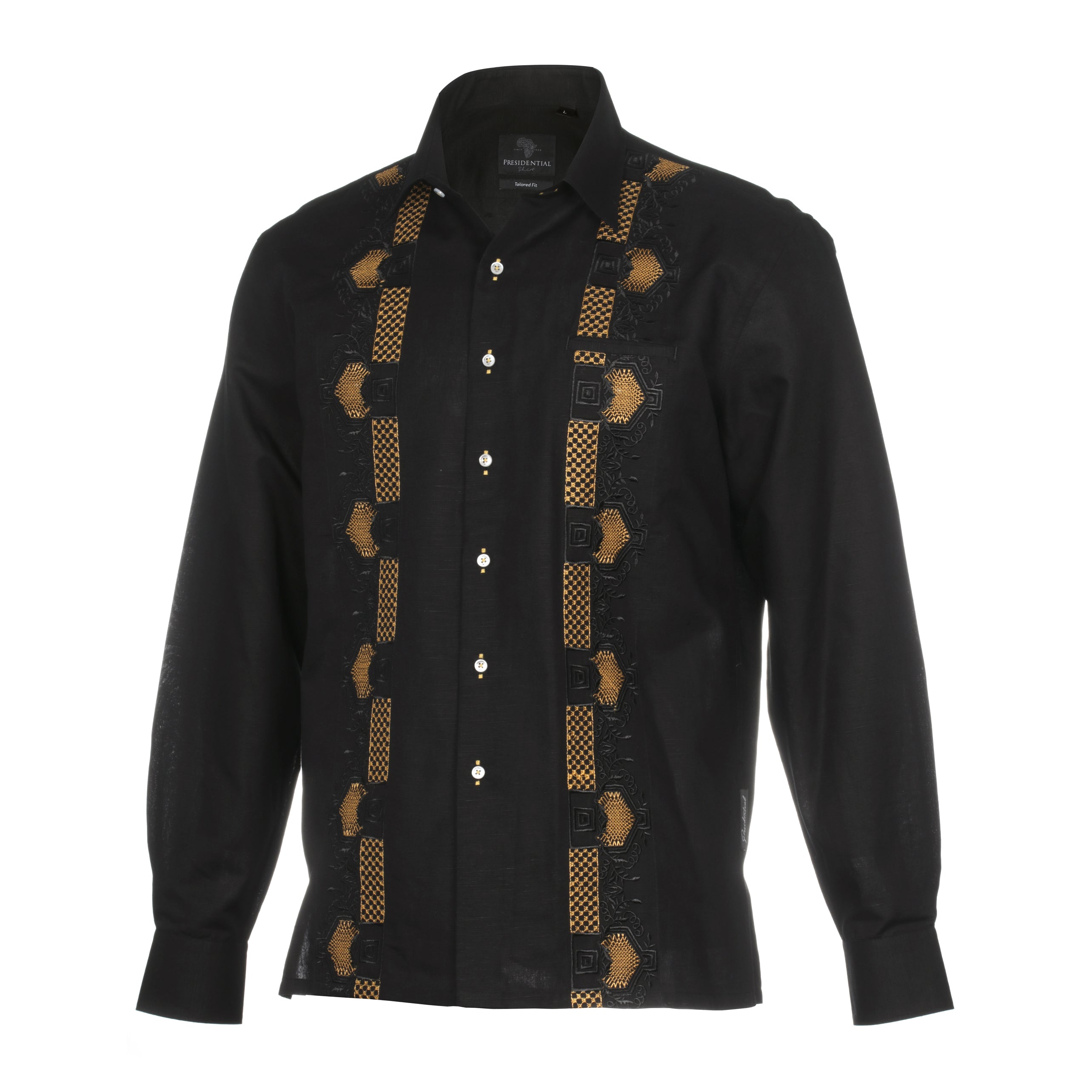 Nobel Stripe - Black Long Sleeve Linen Cotton Embroidered Men's Shirt