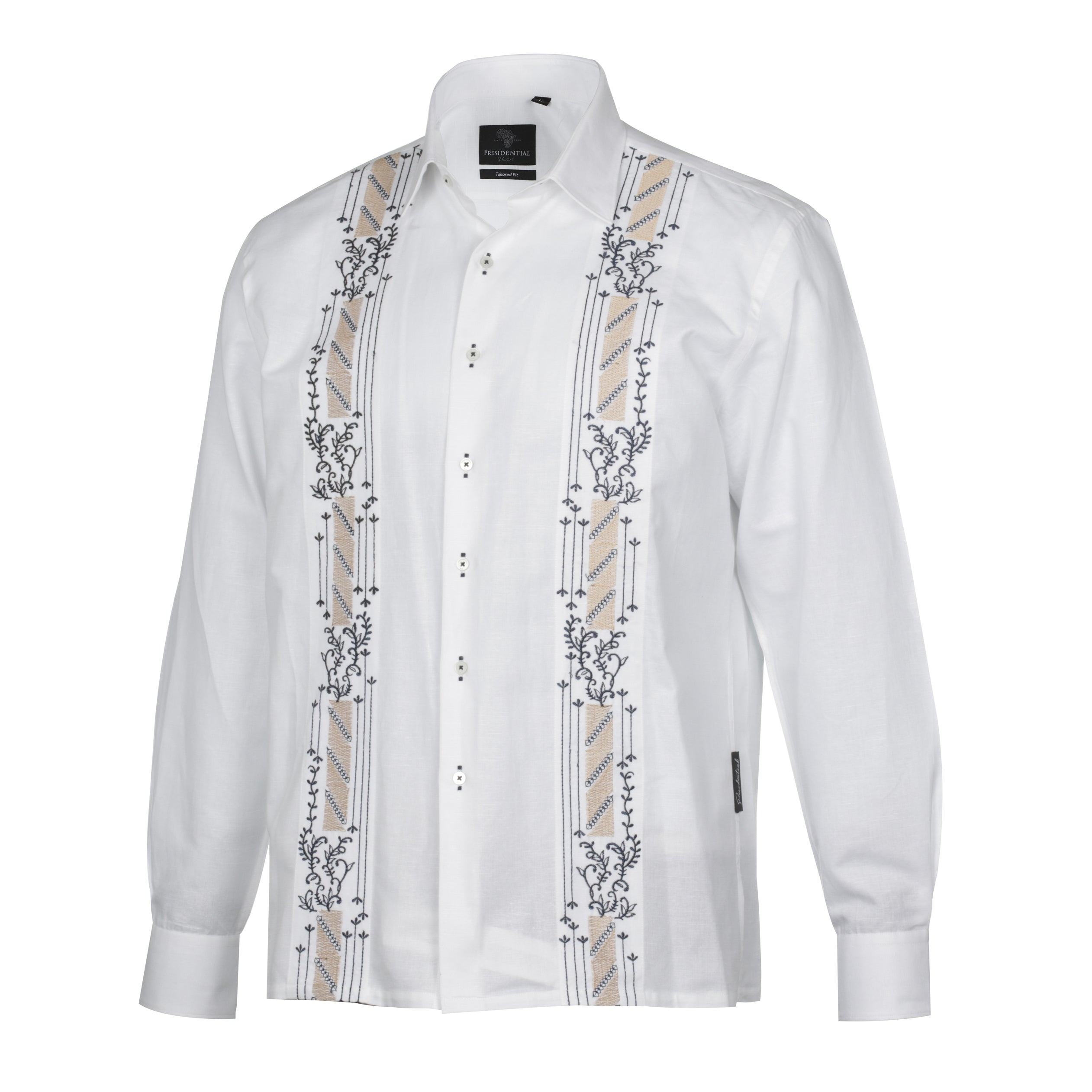 Kings Scepter - White Long Sleeve Linen Cotton Embroidered Men's Shirt