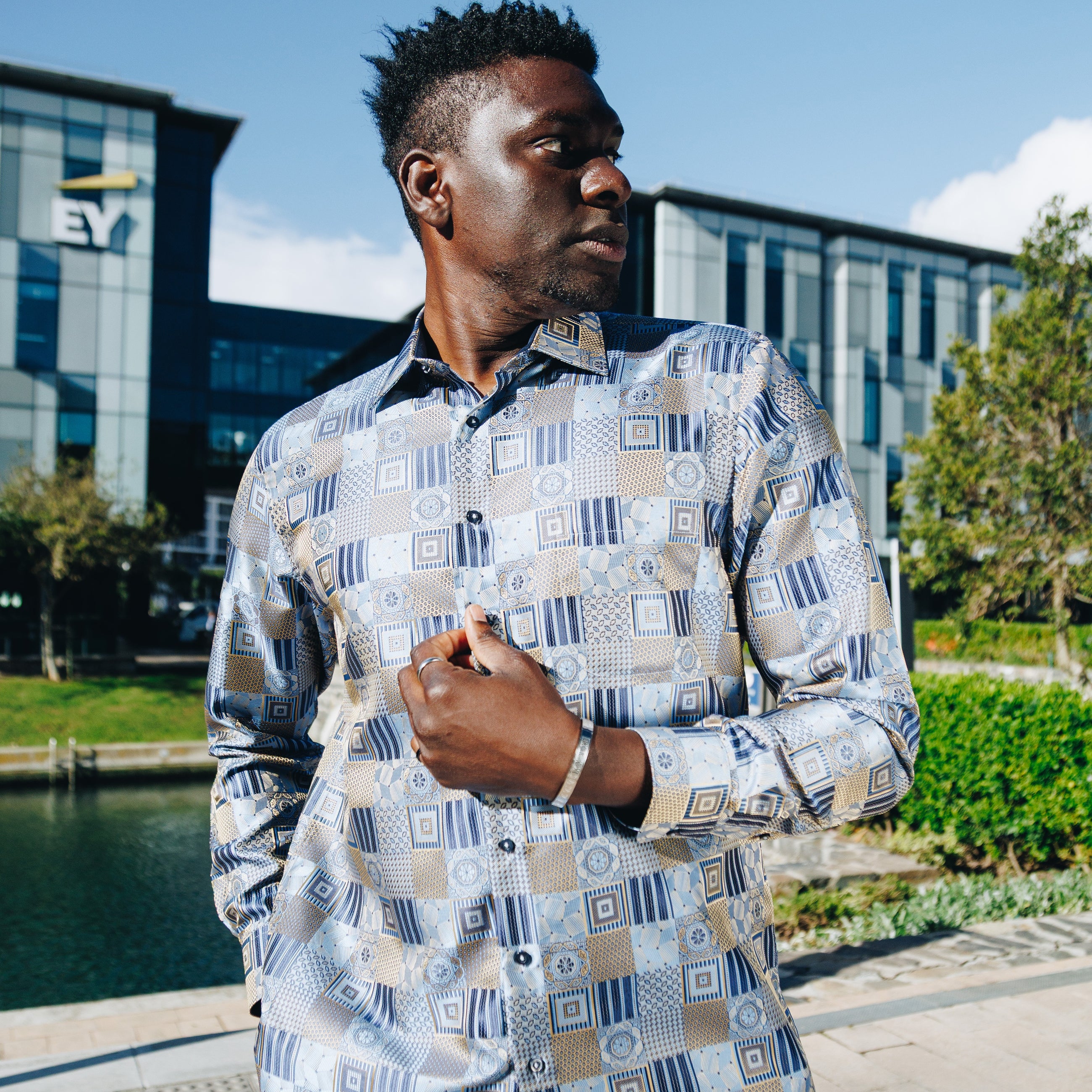 Royal Check - Golden Blue Men's Jacquard Woven Luxury Formal Shirt