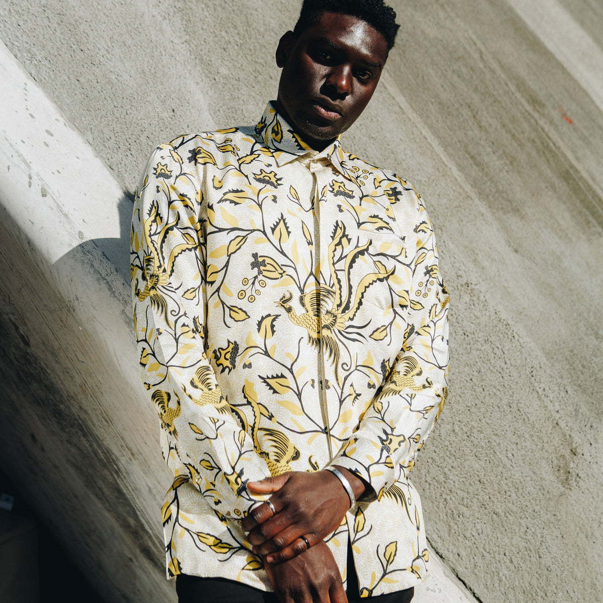 Madiba Original - Golden Leaves Men's Long Sleeve Vegan Silk Shirt