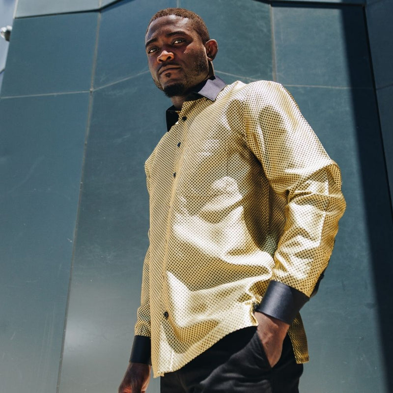 70% Silk Rich Weave - Gold Long Sleeve Men's Shirt