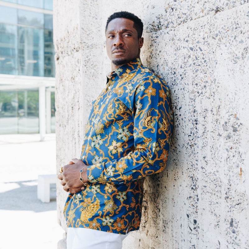 Blue Peacock - Blue Men's Long Sleeve Cotton Printed Shirt