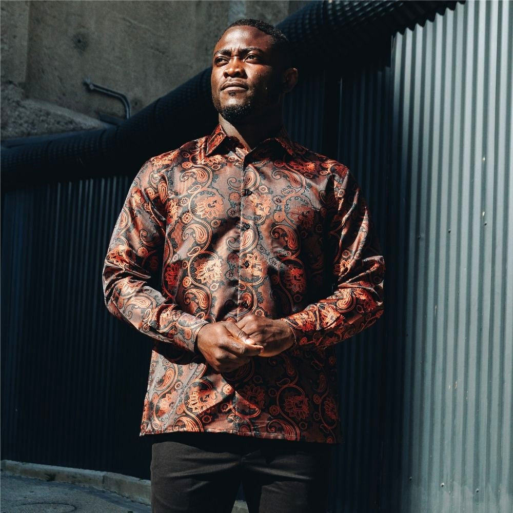 Paisley Flower - Burnt Orange Men's Jacquard Satin Luxury Formal Shirt