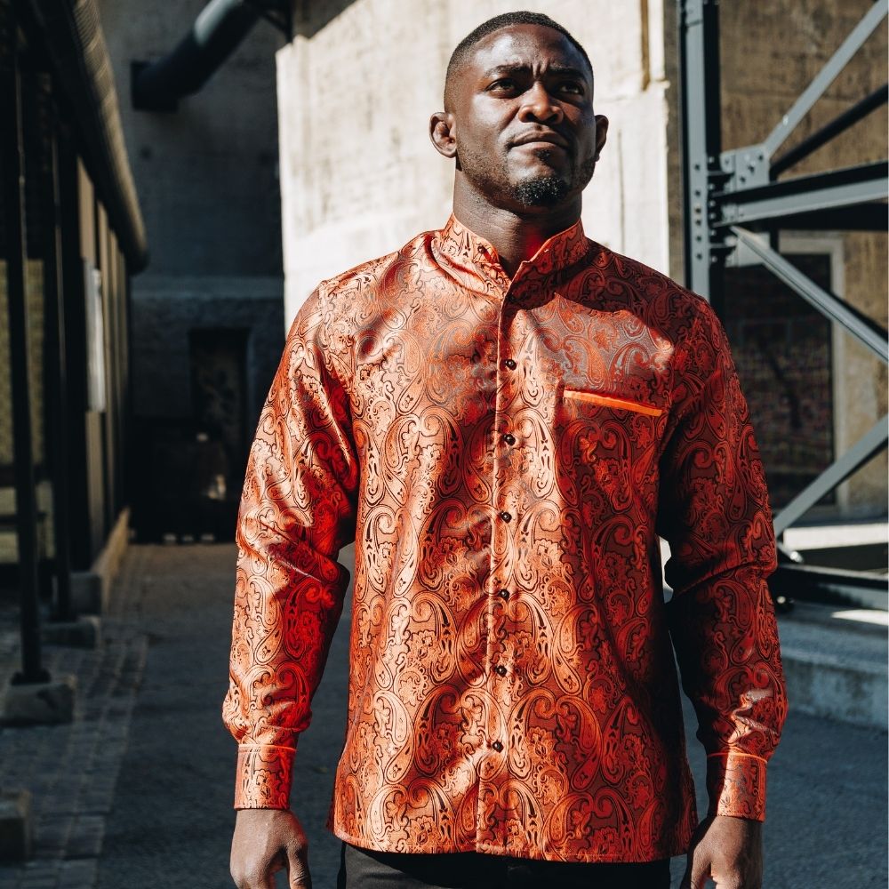 King Classic - Burnt Orange Long Sleeve Jacquard Woven Men's Shirt