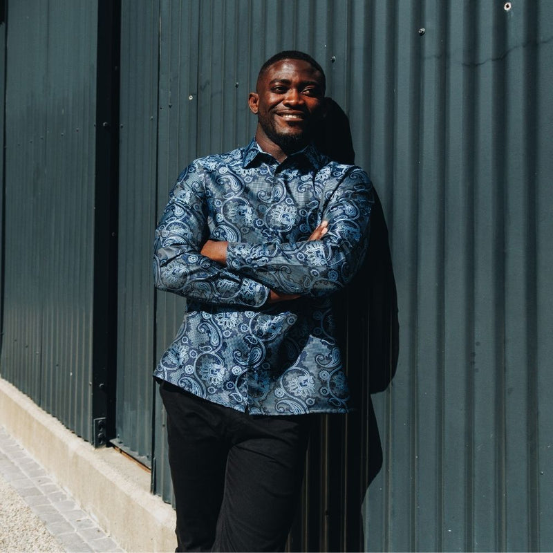 Paisley Flower - Navy Men's Jacquard Satin Luxury Formal Shirt