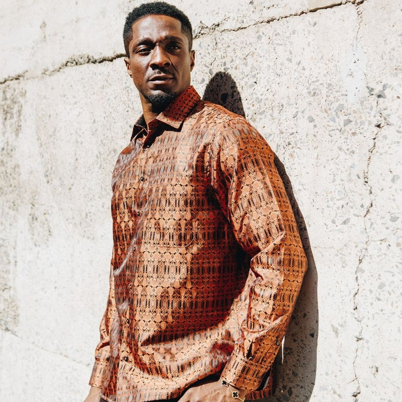 African Shield - Burnt Orange Men's Jacquard Satin Luxury Formal Shirt