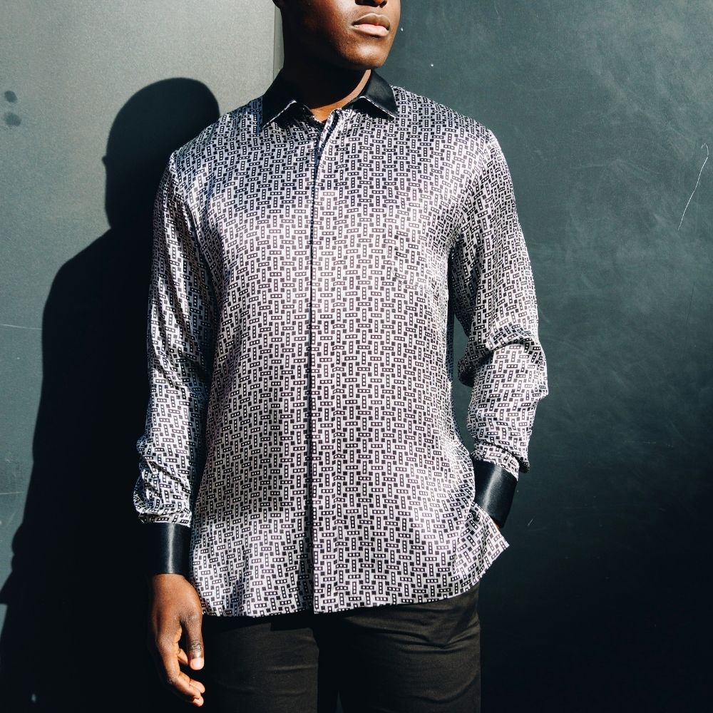Madiba Original - Small Blocks Men's Long Sleeve Silk Shirt