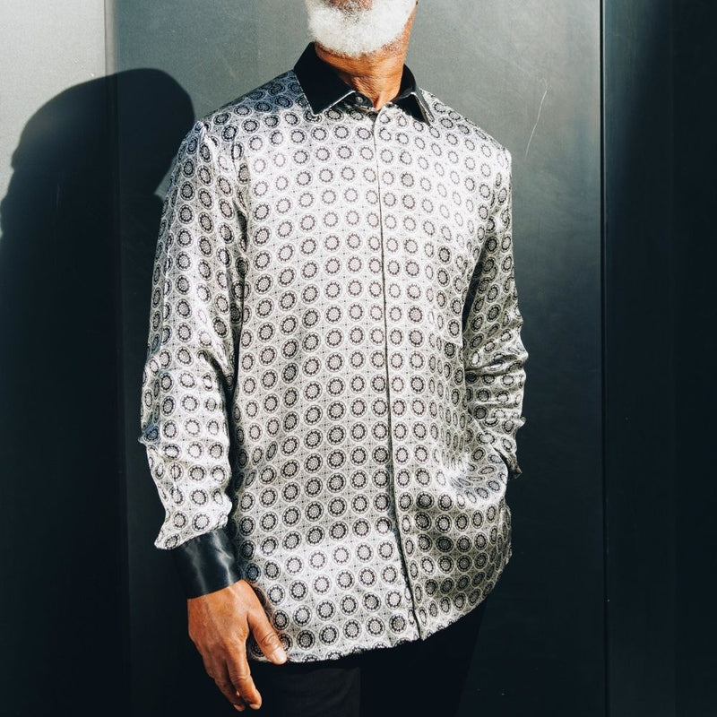 Circular Check Men's Long Sleeve Iconic 100% Silk Shirt