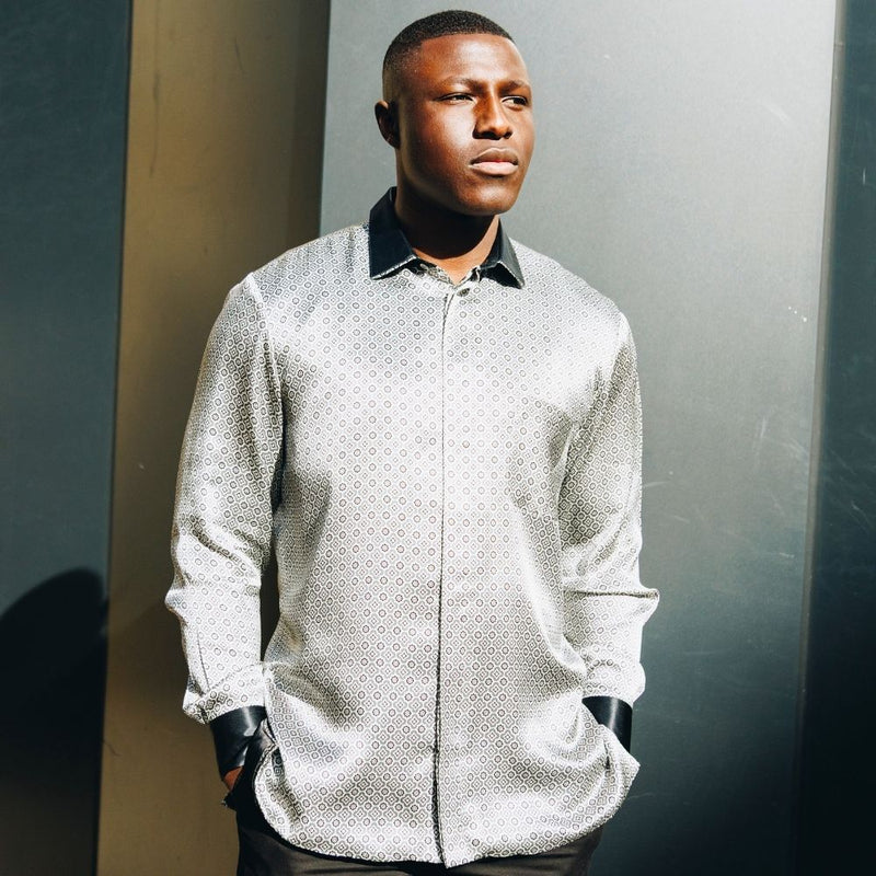 Silver Geometric Men's Long Sleeve Iconic 100% Silk Shirt