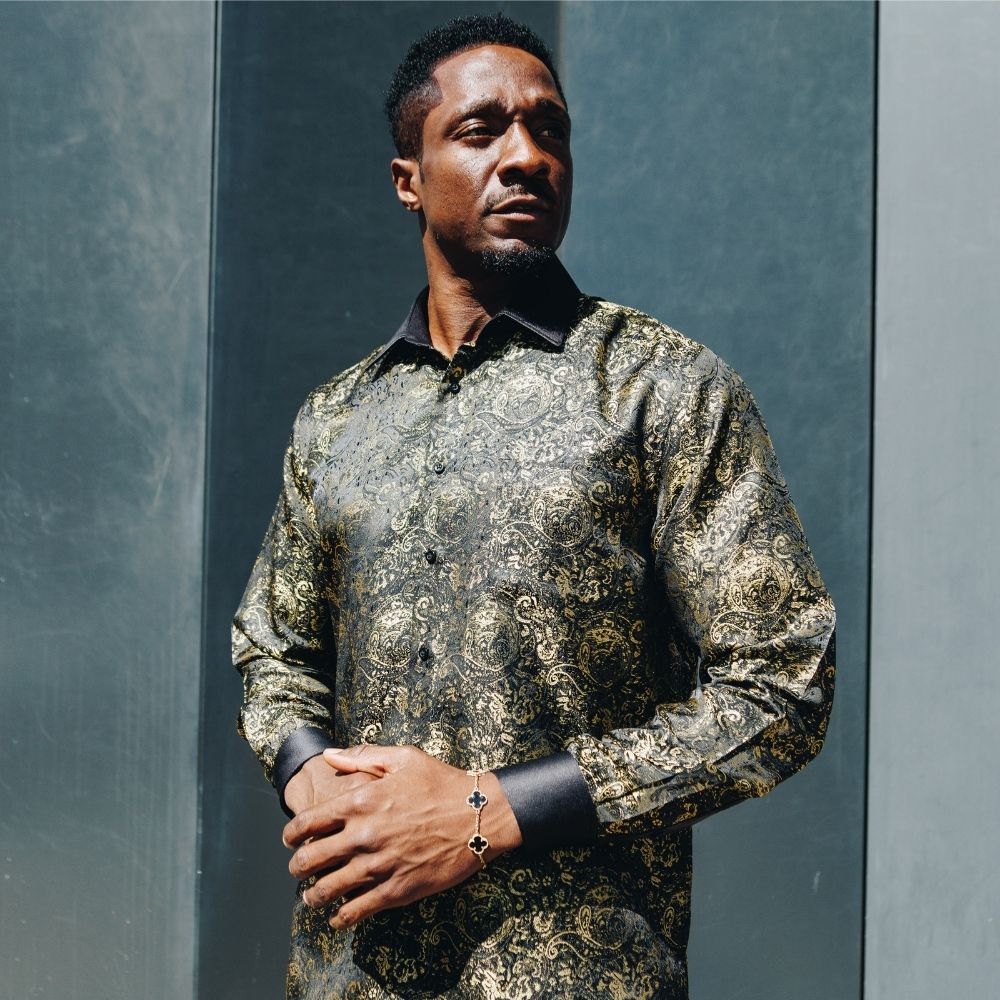 70% Imperial Silk Rich Paisely - Gold Long Sleeve Men's Shirt