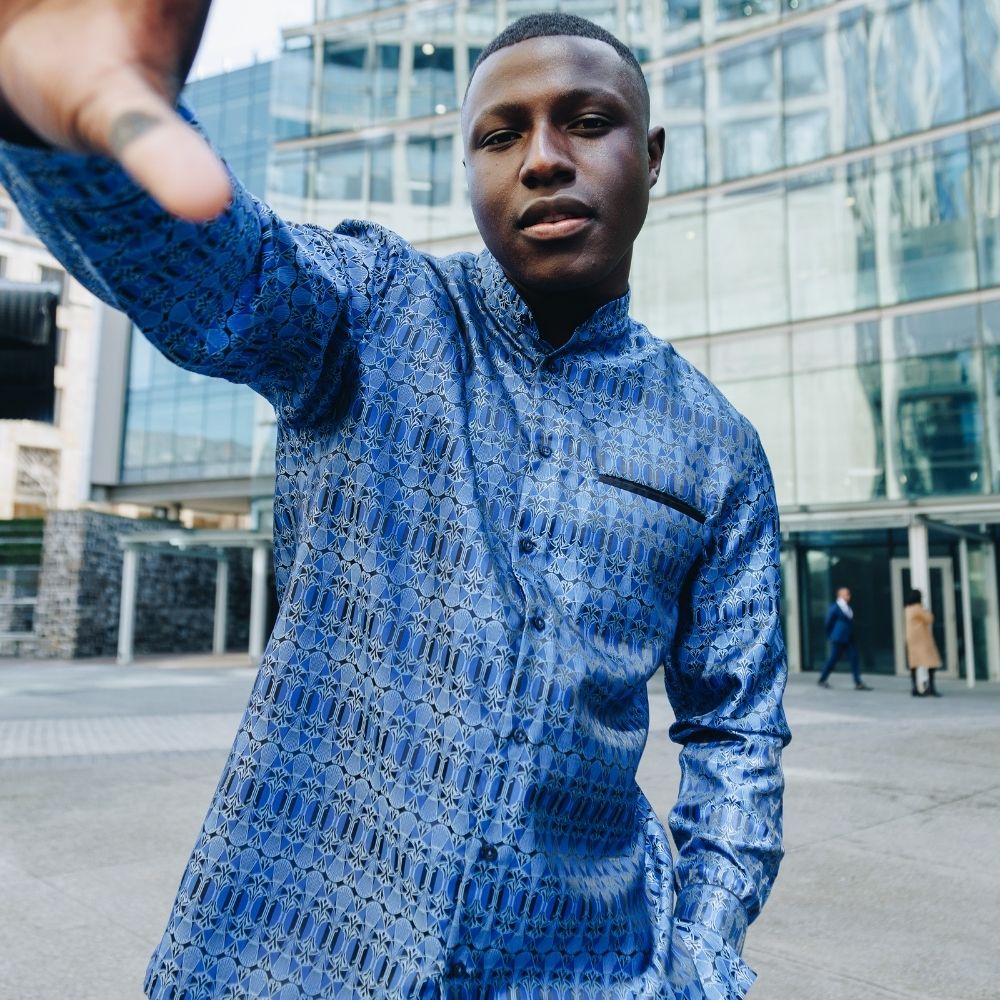 African Shield - Royal Blue Men's Jacquard Satin Luxury Formal Shirt