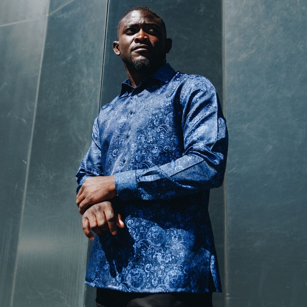 70% Imperial Silk Rich Paisely - Royal Blue Long Sleeve Men's Shirt