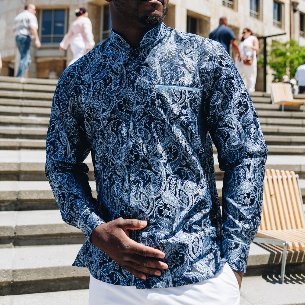 African Paisely - Navy Long Sleeve Jacquard Woven Men's Shirt