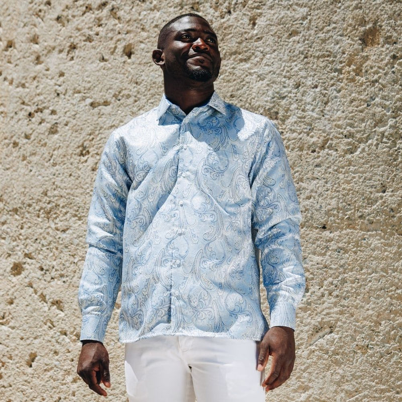 African Paisely - Light Blue Long Sleeve Jacquard Woven Men's Shirt