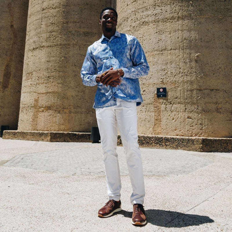 African Paisely - Blue Long Sleeve Jacquard Woven Men's Shirt