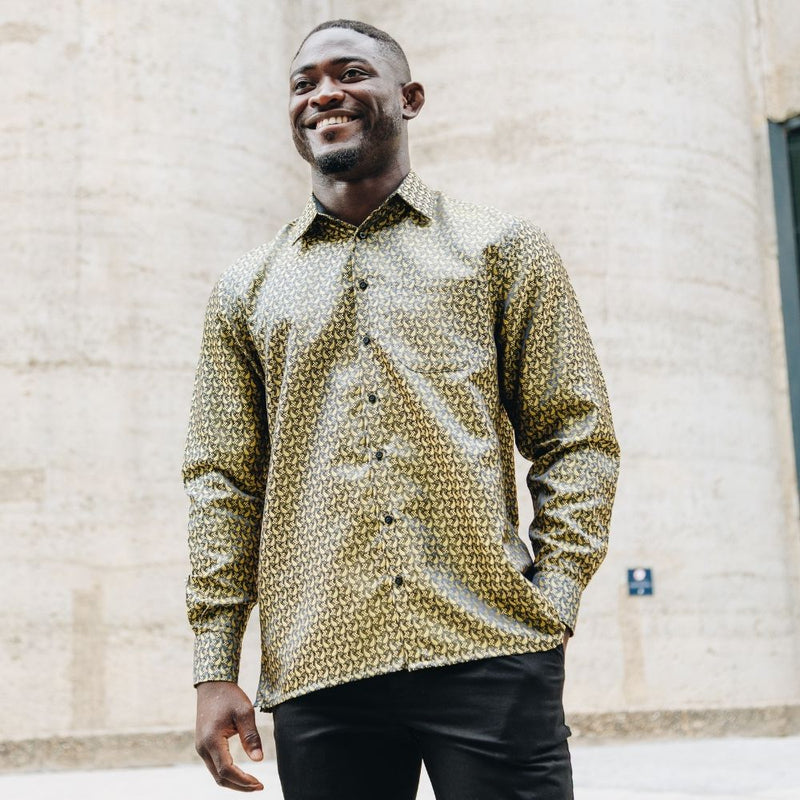 Paisley Fish - Black Long Sleeve Jacquard Woven Men's Shirt