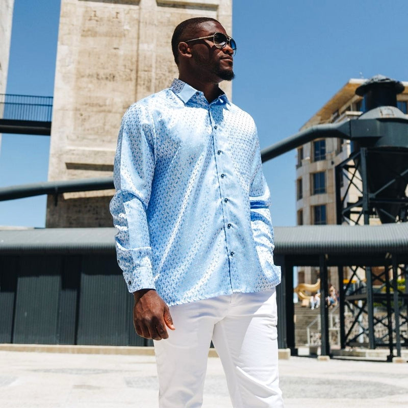 Paisley Fish - Blue Long Sleeve Jacquard Woven Men's Shirt