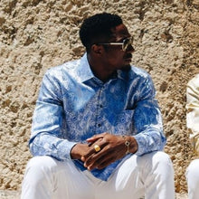 Paisley Flower - Blue Long Sleeve Jacquard Woven Men's Shirt