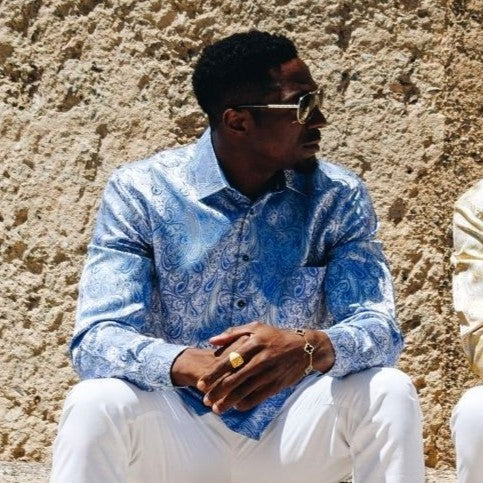 Paisley Flower - Blue Long Sleeve Jacquard Woven Men's Shirt