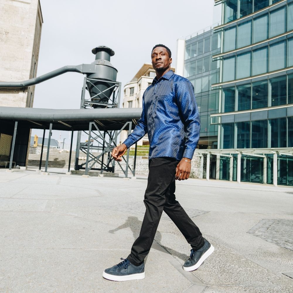 Paisley Fish - Royal Blue Long Sleeve Jacquard Woven Men's Shirt