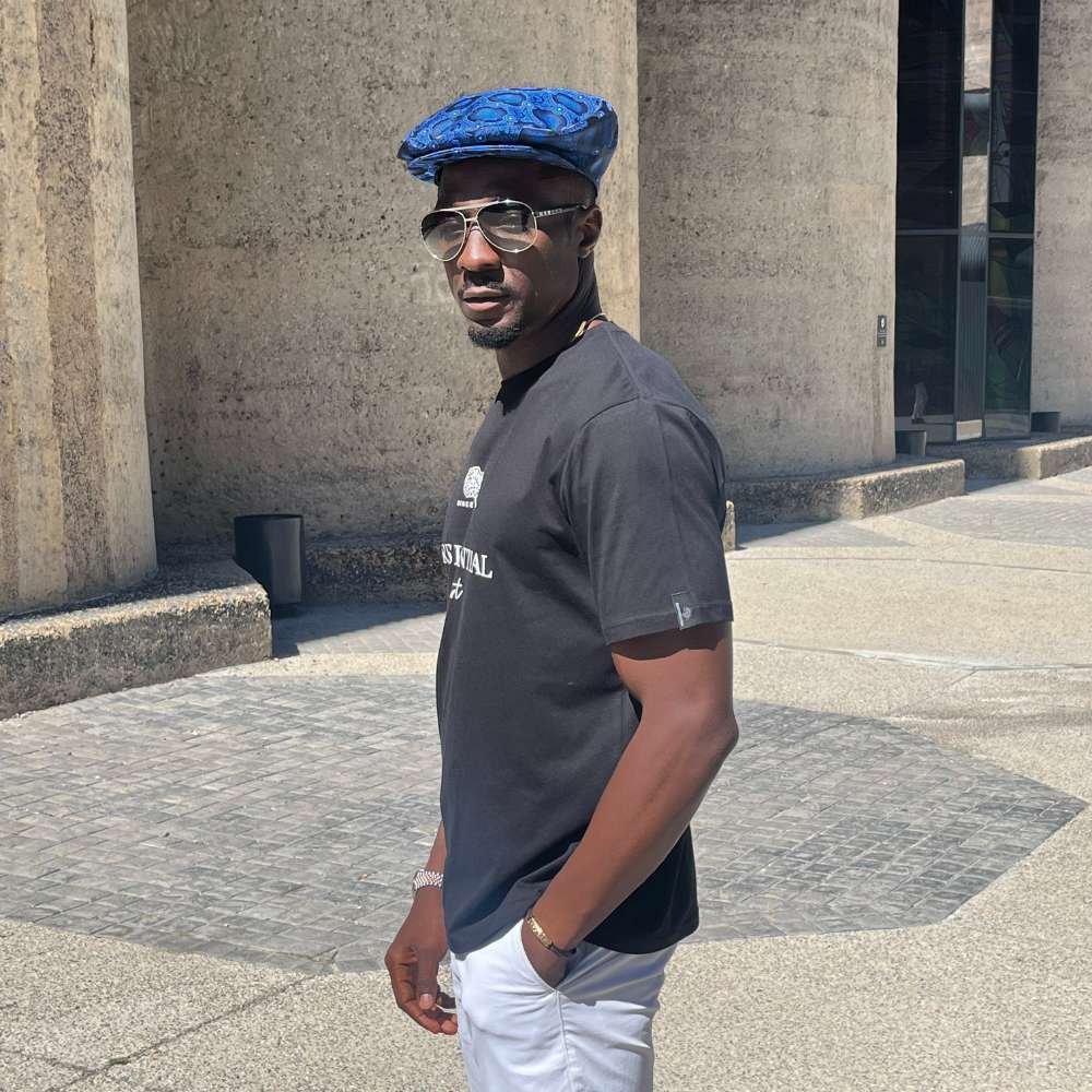 Men’s Ivy Cap, Classic Flat Cap Style, Jacquard Woven Satin - African Circle, Navy