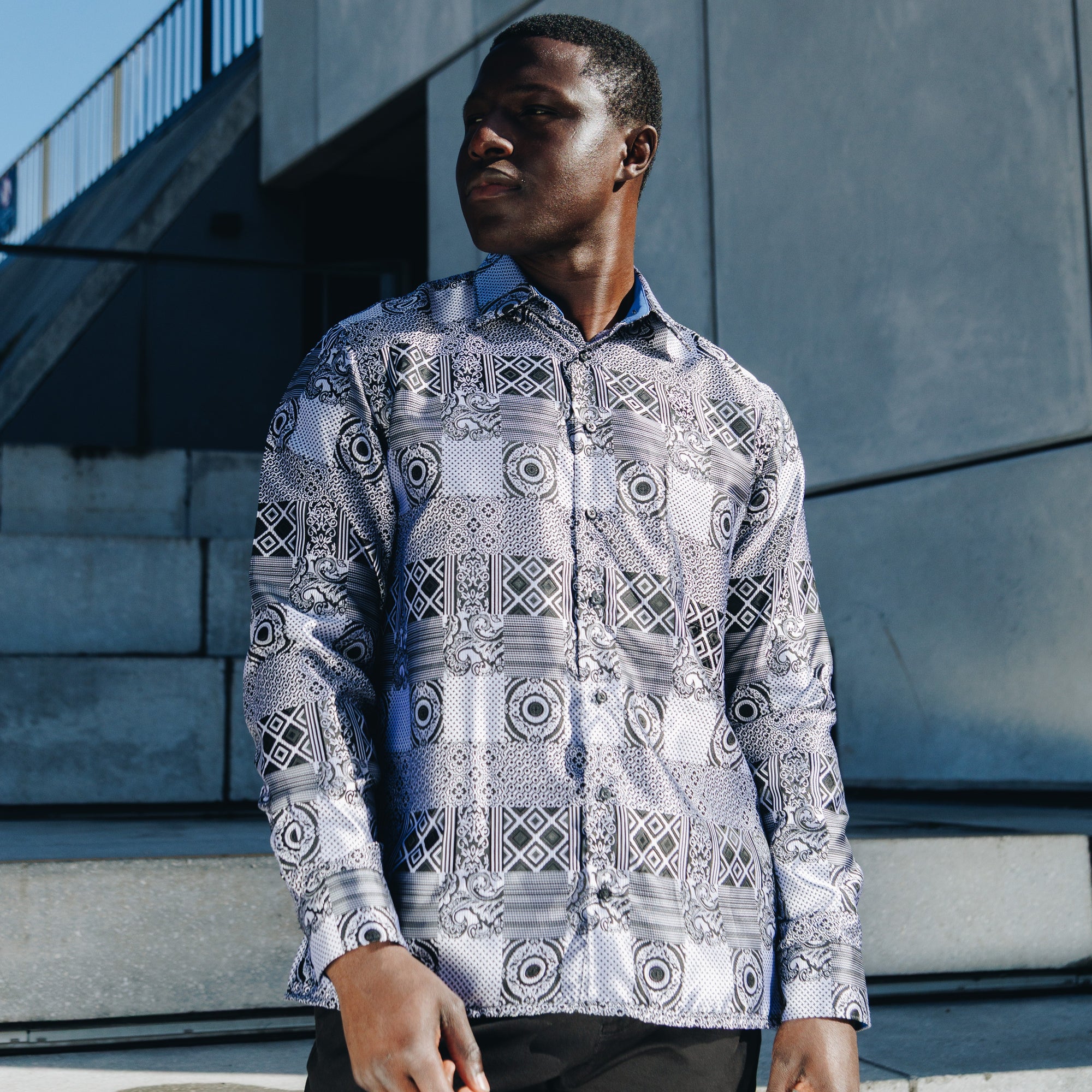 African Chess - Black Men's Jacquard Woven Luxury Formal Shirt