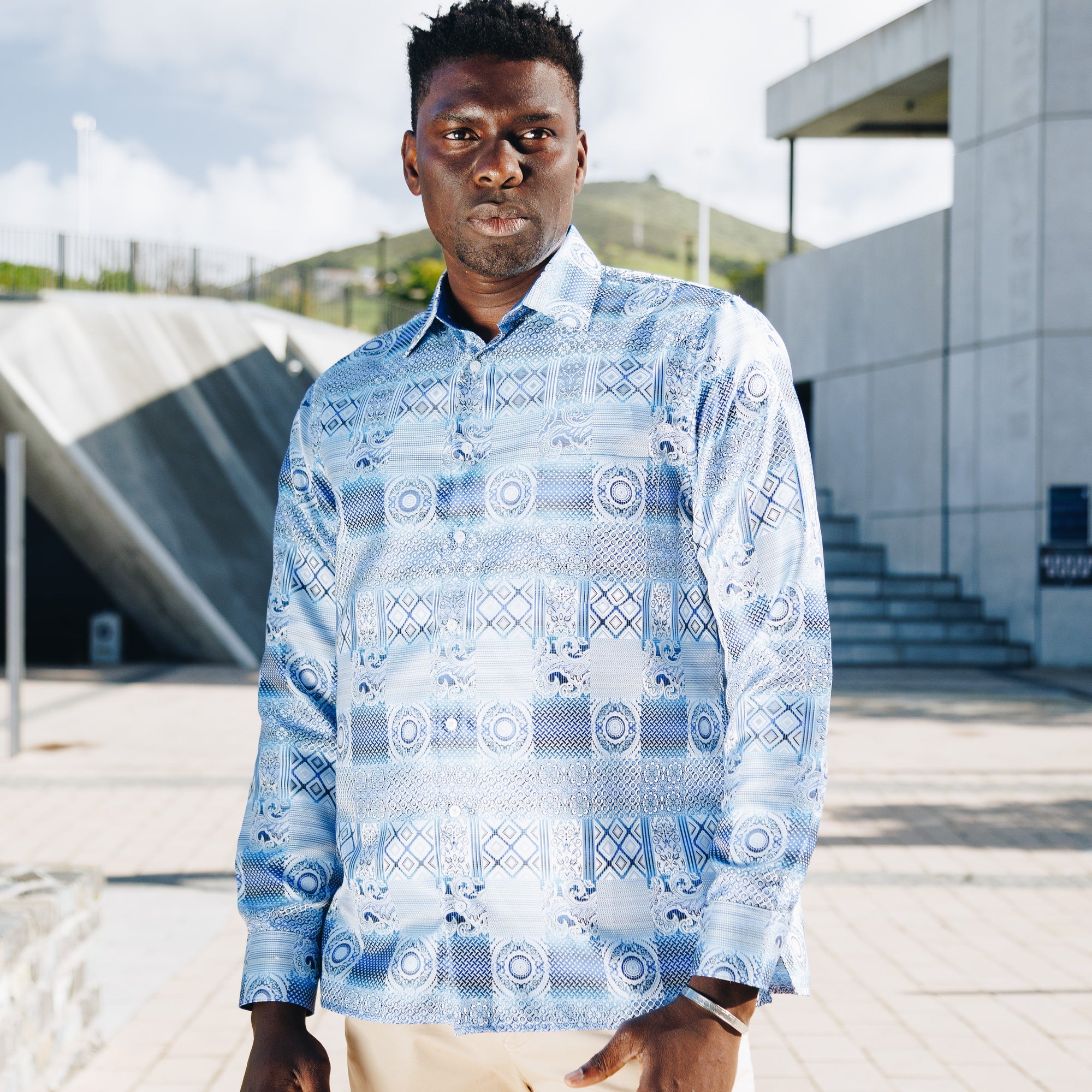 African Chess - Blue Men's Jacquard Woven Luxury Formal Shirt