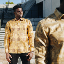 African Chess - Gold Brown Men's Jacquard Woven Luxury Formal Shirt