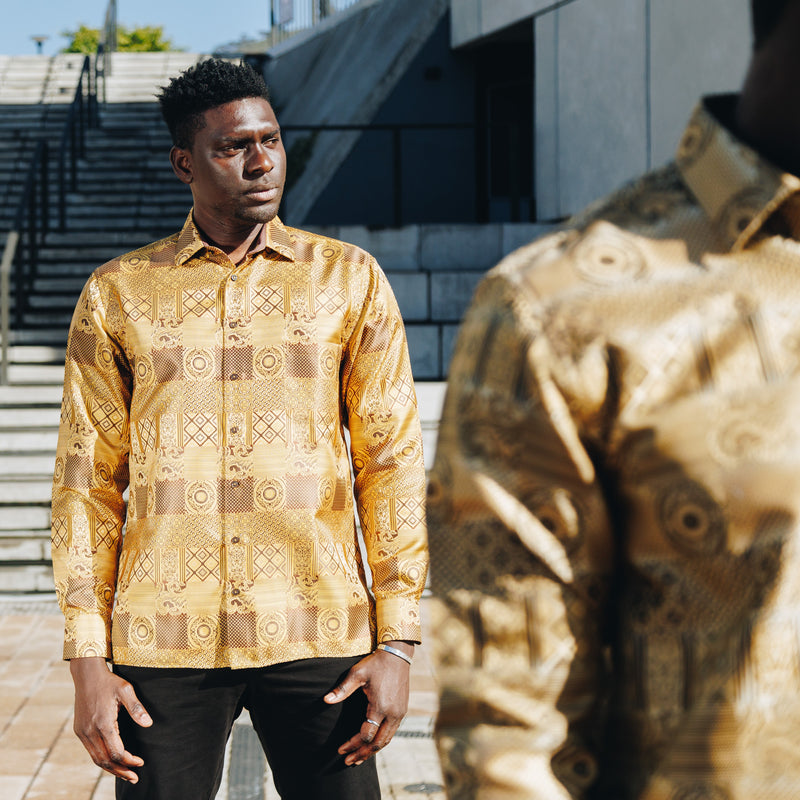 African Chess - Gold Brown Men's Jacquard Woven Luxury Formal Shirt