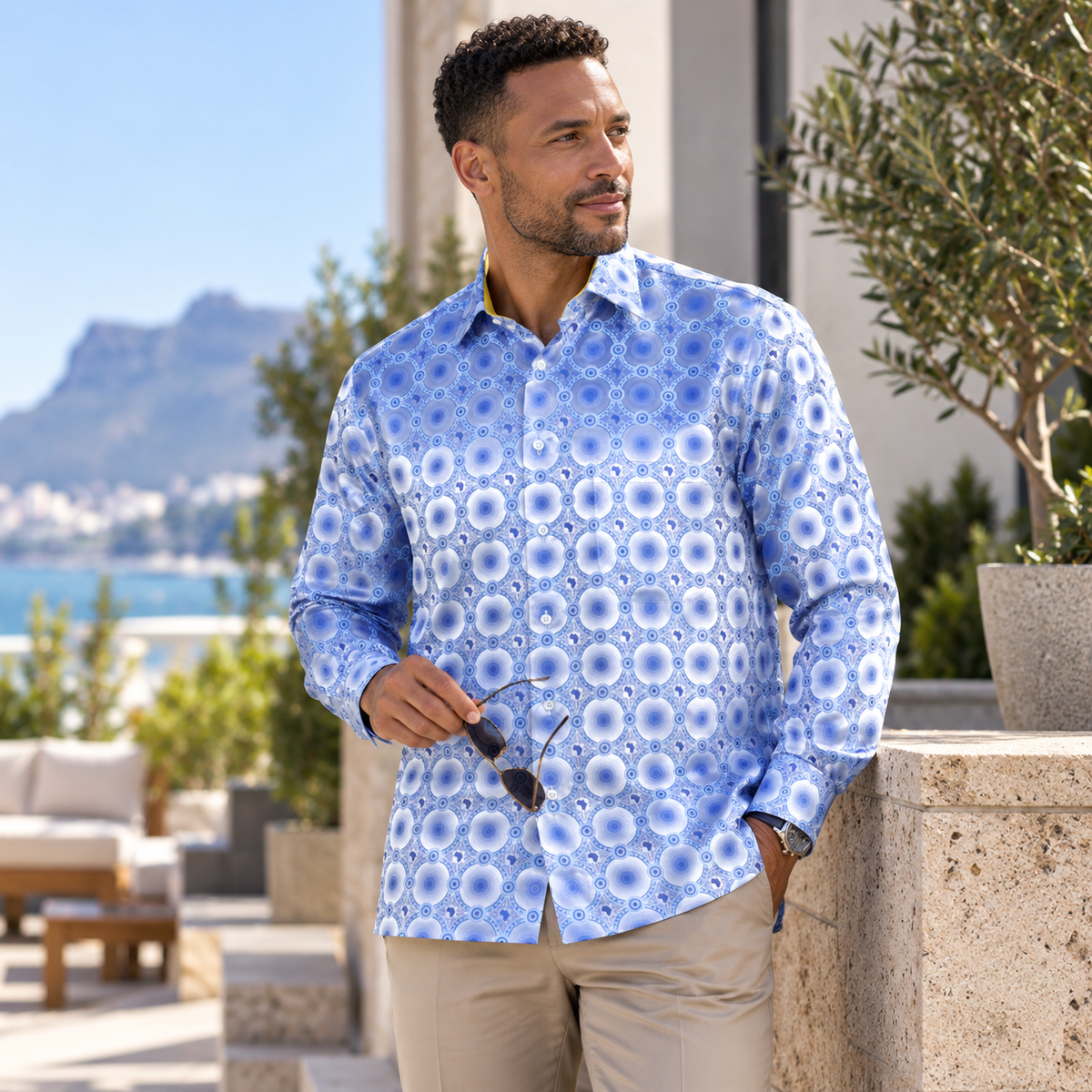 African Circle - Blue Men's Long Sleeve Jaquard Woven Formal Shirt