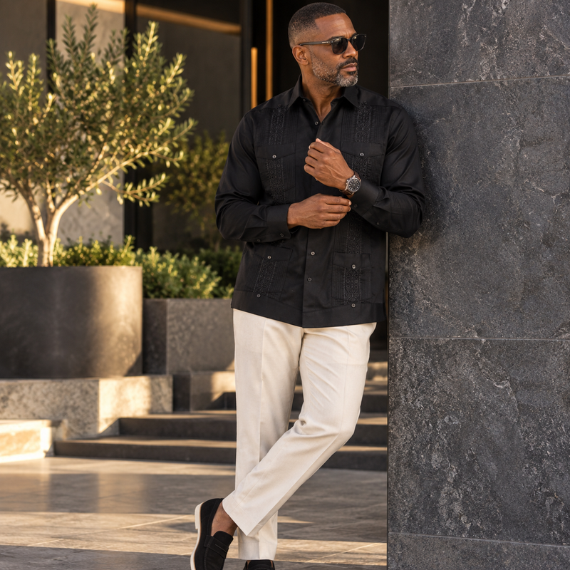 Black Long Sleeve Cotton Sateen Embroidered Multi-Pocket Men's Shirt