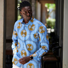 African Spine - Blue Men's Long Sleeve Cotton Printed Shirt