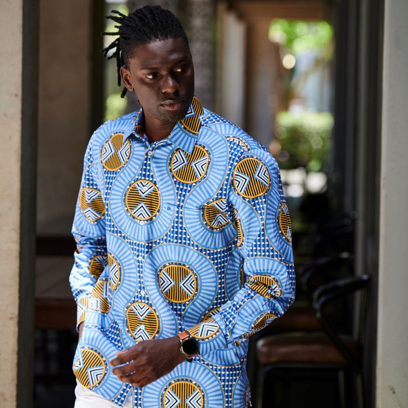 African Spine - Blue Men's Long Sleeve Cotton Printed Shirt