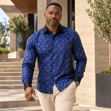 African Circle - Navy Men's Long Sleeve Jaquard Woven Formal Shirt