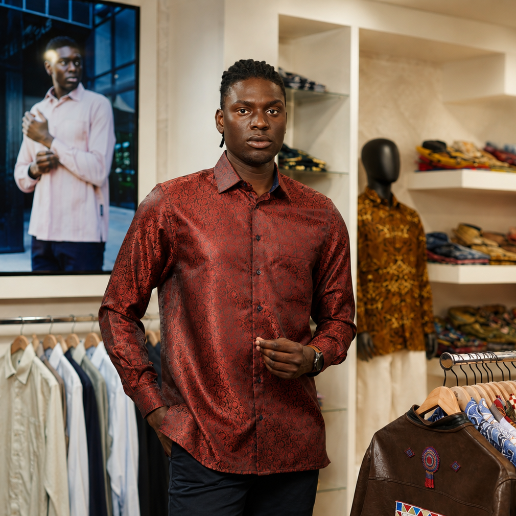 Madiba's Paisley - Red Long Sleeve Jacquard Woven Men's Shirt