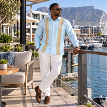Geometric Blocks - Light Blue Long Sleeve Linen Cotton Embroidered Men's Shirt