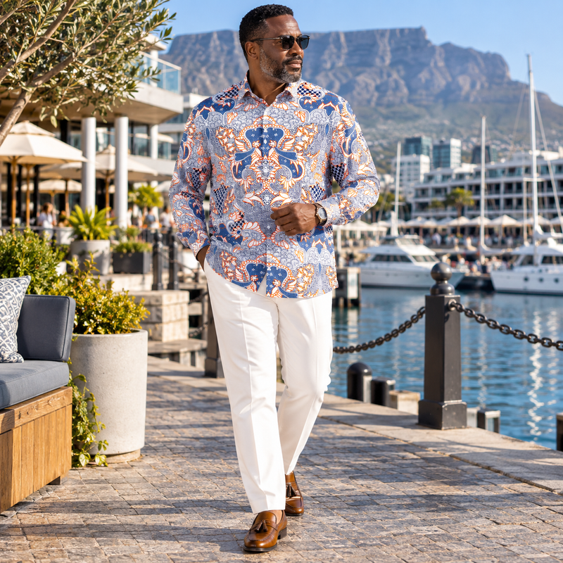 Madiba's Classic Light Blue with Orange Men's Long Sleeve Printed Cotton Shirt