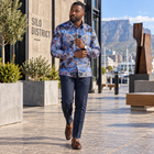 Madiba's Classic Med Blue with Gold Men's Long Sleeve Printed Cotton Shirt