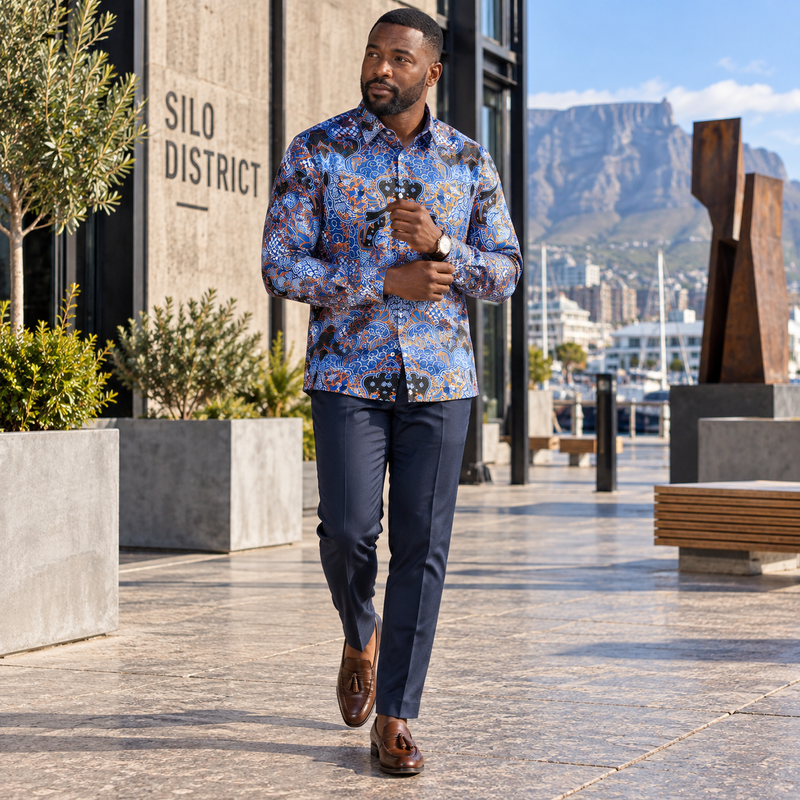 Madiba's Classic Med Blue with Gold Men's Long Sleeve Printed Cotton Shirt