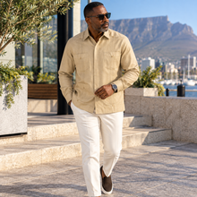 Khaki Sky Long Sleeve Cuban Multi-Pocket Cotton Linen Shirt