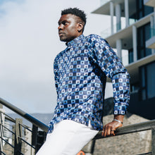 Chess Board - Blue Men's Jacquard Satin Luxury Formal Shirt