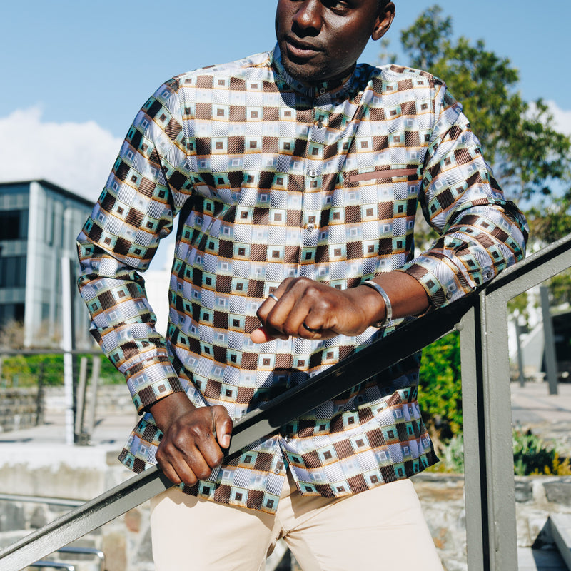 Chess Board - Brown Men's Jacquard Satin Luxury Formal Shirt