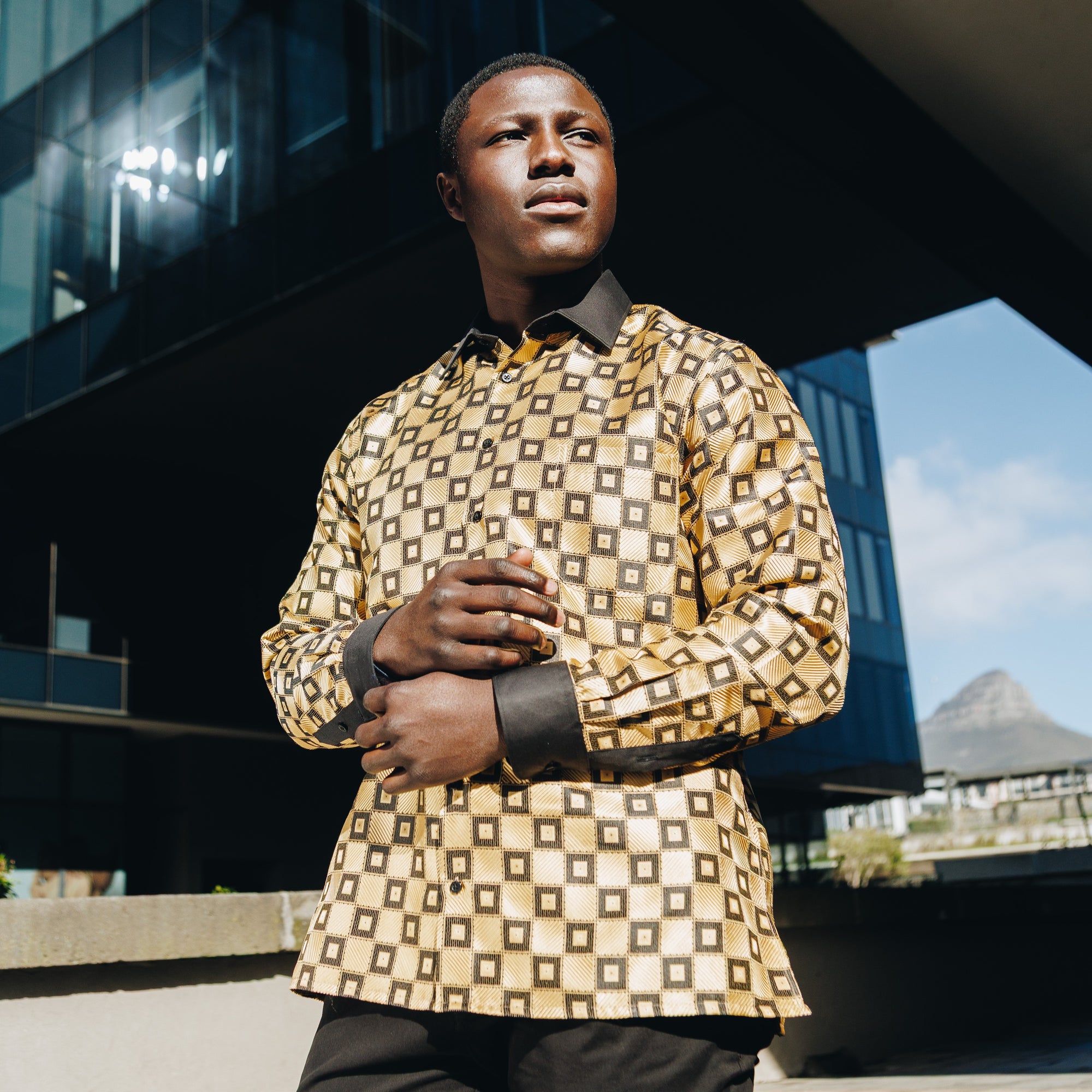 Chess Board - Gold Men's Jacquard Satin Luxury Formal Shirt